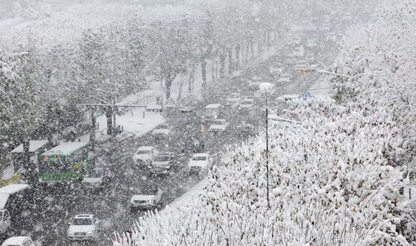 Xe cộ đi lại rất chậm vì tuyết khiến đường trơn trượt và cản trở tầm nhìn. Ảnh: Yonhap/ EPA. Xe cộ đi lại rất chậm vì tuyết khiến đường trơn trượt và cản trở tầm nhìn. Ảnh: Yonhap/ EPA.